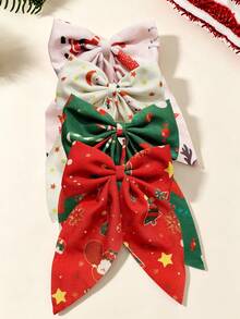 4pcs Kids Christmas Printed Ribbon Bow Hair Clips, Alligator Hair Clips With Snowflake, Christmas Tree, Santa Claus Designs, Festive Color Palette, Suitable For Girls' Christmas Party And Holiday Outings, Secure Grip, Anti-Slip, Half-Up Hair And Flyaway Hair Top Clips - Multicolor - View 11
