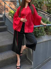 New Fashion Elegant Solid Color Women's Vintage Shirt Home Wear All Season Top Red - Red - View 6
