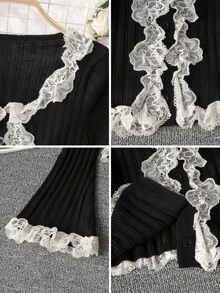 女款法式蕾絲飾邊修身長袖開襟針織衫，秋冬風格，甜美美學，適合日常穿著與約會，長袖上衣 - 黑色 - 查看 9
