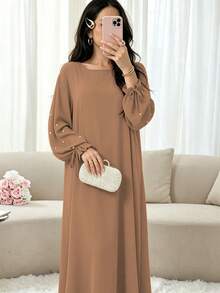 Elegant Double Layer Khimari Long Robe, Pearl Decorated Drawstring Sleeves, Loose Fit Modest Long Dress, Suitable For Middle Eastern Women - Multicolor - View 33