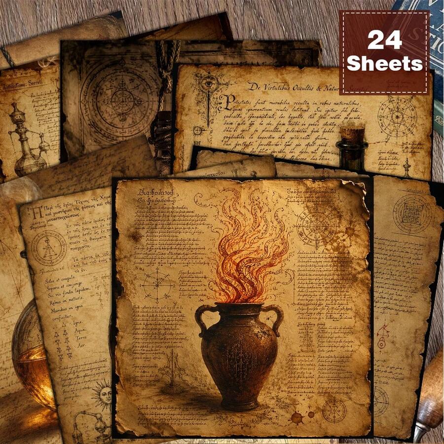 24pcs Dark Academia Alchemy Paper, Vintage Occult Potion Bottle Scrapbooking Cardstock, Mystical Glowing Liquid Craft Paper For Aesthetic Collage, Gothic Journaling, And Ephemera Collection. - Square - View 1
