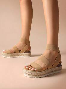 Womens Open Toe Espadrilles Dressy Platform Sandals Slip On Elastic Ankle Strap Wedges Sandals - Camel - View 3