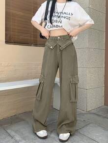 Celana Kargo Gaya Jalanan Amerika untuk Wanita, Musim Panas, Vintage, Pinggang Tinggi, Potongan Lurus, Jeans Denim - Coffee Brown - View 6