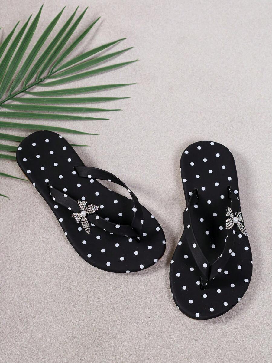 A Pair Of Girls' Polka Dot Butterfly Flip-Flops, Kids' Summer Toe-Post Sandals, Suitable For Daily Leisure And Beach Vacation Scenarios - Black - View 1