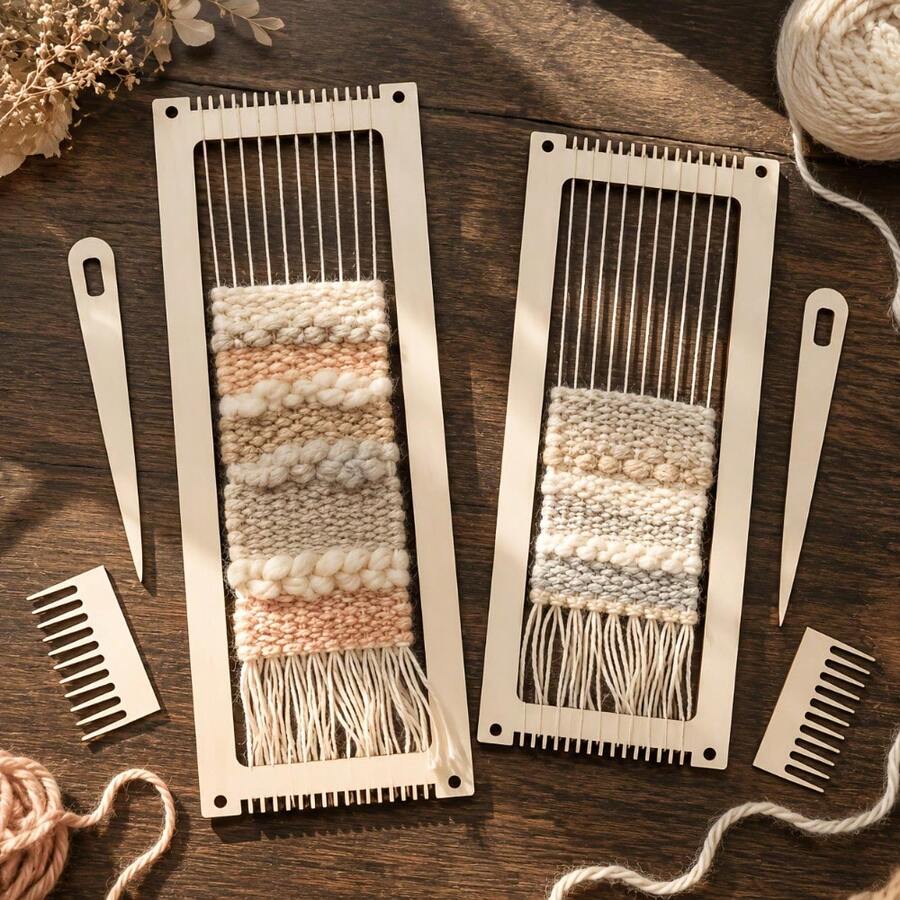 3 Pieceswooden Rectangular Knitting Machine Set - DIY Crochet Wooden Threading Tool Kit. Includes A Multi-Functional Comb, Knitting Needles, Handmade Gift, Holiday Gift, Halloween Tool, Gift For Home Decoration. Suitable For Making Handicrafts. - A - View 1