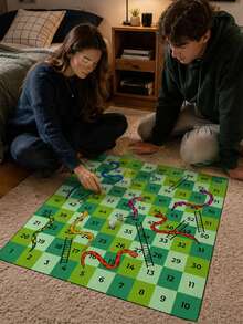 1件綠色格紋蛇梯棋遊戲墊，趣味聚酯纖維長方形地板遊戲布，印有數字方格與彩色蛇梯圖案，適合家庭聚會、遊戲之夜、課堂活動、生日派對、團體遊戲以及男孩女孩骰子遊戲 - 彩色 - 查看 16