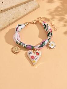 1pc Niche Sweet Cool Style Floral Fabric With Graffiti Heart, Daisy & Sun Pendant Decorative Bracelet, Fashionable Women's Hand Accessory Suitable For Daily Wear, Vacation, Date And Party - Multicolor - View 2