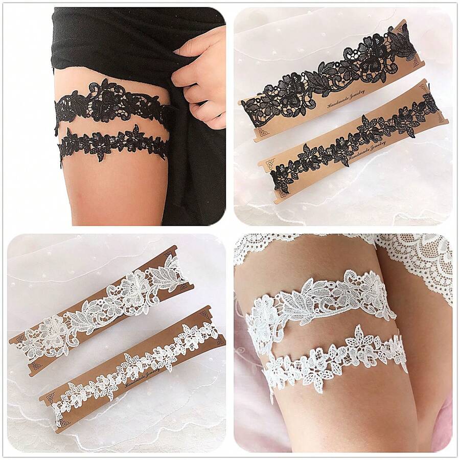 EVERDINAH 2Pcs Multi-Color Bridal Lace Garter Set, Elastic Wedding Thigh Bands For Bride, Floral Leg Accessories For Wedding, Bridal Shower, Party & Photoshoot,Halloween