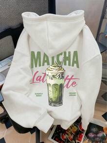 Sweatshirt Berkerudung Wanita, Motif Minuman Musim Gugur/Dingin Terbaru & Cetakan Huruf, Desain Tali Serut, Dengan Saku, Putih Kasual Musim Gugur - Putih - View 2