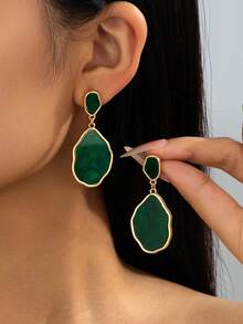 1Pair Irregular Double Layer Marbled Dangle Earrings, Wavy Enamel Hammered Gold Frame Long Drop Earrings - Red - View 3