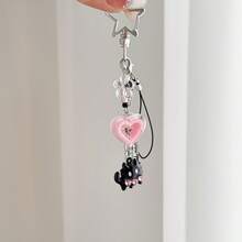 Y2K Black Cat Bag Pendant, Pink Heart Beaded Charm, Cute Kawaii Phone Strap Keychain, Backpack Hanging Accessory, Aesthetic Gift - Multicolor - View 7