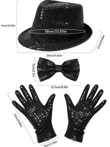 3pcs D EXCEED Disco Star Performance Costume Accessories, Unisex, Sequin Hat, Gloves, Bow Tie, Popular Stage Party Outfit, Suitable For Halloween Party, Cosplay - Multicolor - View 4