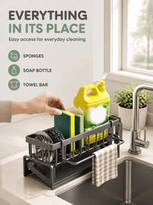1pc Carbon Steel Kitchen Storage Rack, Can Hold Sink Faucet Sponge Drain Basket, Kitchen Organizer Shelf And Detergent Steel Wool, Can Hang Cleaning Cloth And Store Cleaning Supplies, Kitchen Accessories - Multicolor - View 1