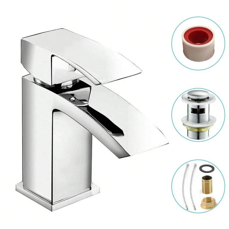 Waterfall-Style Bathroom Faucet With Single Lever Mixer And Matching Drain Assembly - Silver - View 1