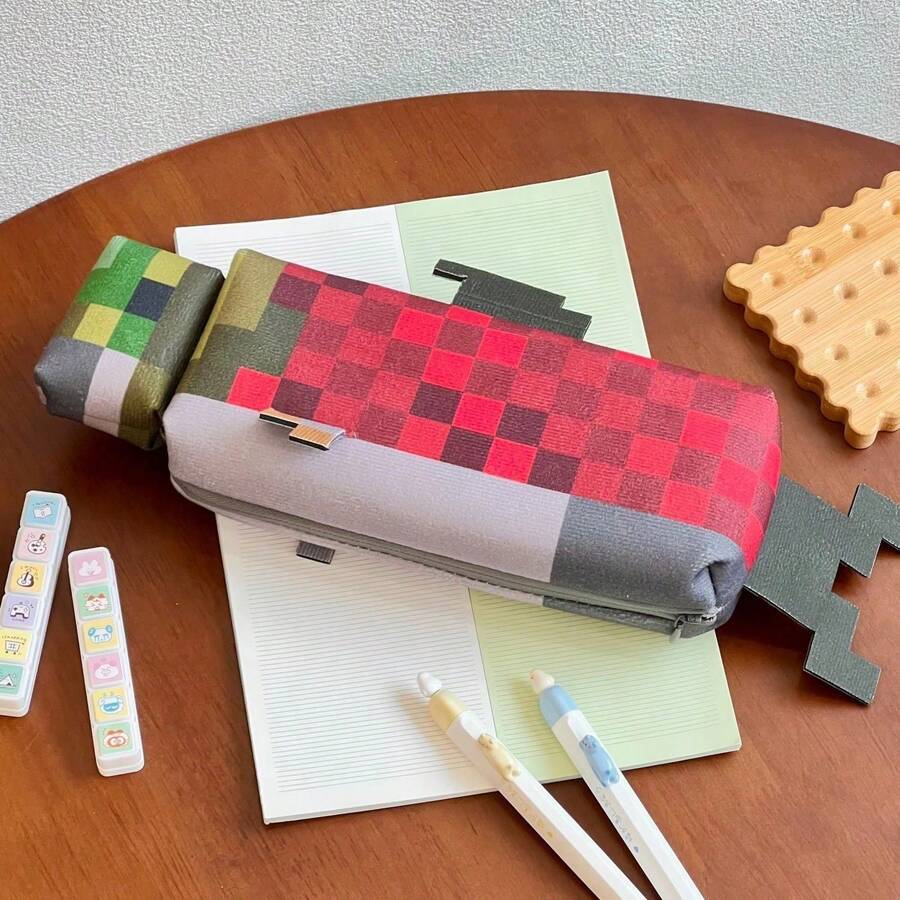1pc Pixel Game (My World) Salmon Color Pencil Case, MC Stationery Storage Bag, Pixel Style Pencil Case, Cosmetic Storage Bag, Digital Storage Bag, Small Item Storage Bag, Suitable For Study, Work, Travel And Daily Use, Perfect For Students And Women, Back To School, School Supplies, Gift - A - View 1