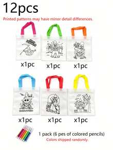 60/48/24/12pcs Halloween DIY Gift Bags, Graffiti Tote Bags, Various Pumpkin Graffiti Tote Bags, Witch Graffiti Tote Bags, With Colorful Handles, Atmosphere Creating Supplies, Holiday Photo Props, Suitable For Halloween Group Activities, Party Gift Packaging Bags - View 12