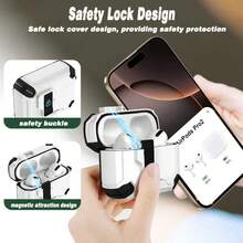 Rugged Shockproof Earphone Case With Automatic Lock Buckle, Hard Protective Wireless Earbud Cover Support Wireless Charging, Anti-Drop Headphone Shell With Carabiner Hook For Earbuds - Black and White - View 3