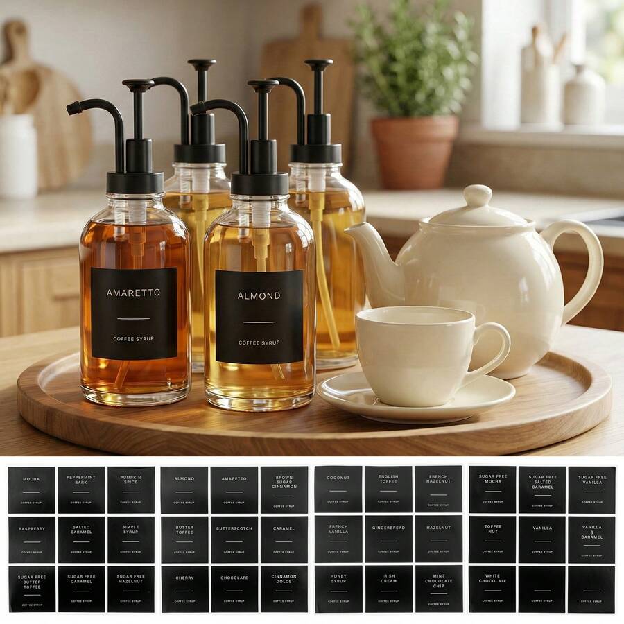 4-Piece 16.9oz Syrup Dispenser Set – Coffee Bar Accessories & Topping Bottles For Kitchen & Coffee Shop - Black - View 1