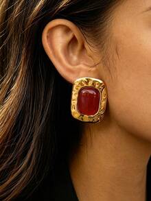 S SHOPBOHO 1 Pair Unique Oval Stud Earrings, Natural Tiger Eye Stone & Golden Color - Geometry - View 9