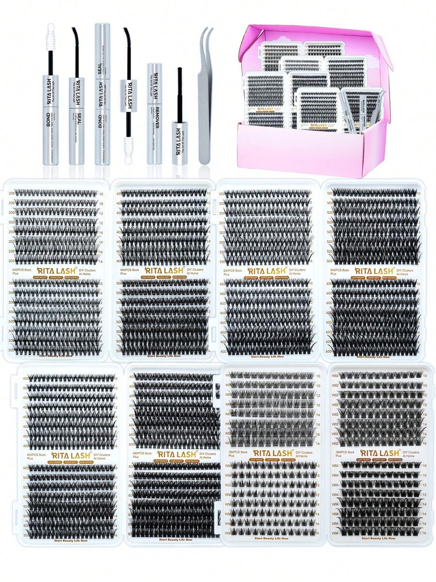 RITALASH RITA 2560/640pcs Eyelash Cluster Set 20D+30D+40D+50D+60D+80D+W05+W06+W02+W04 Thickened Cluster Eyelash Extensions 10-16mm Single Cluster Eyelash Extensions DIY Home Eyelash Extensions With Adhesive, Sealer And Tweezers - Black - View 1