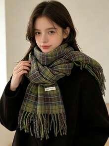 Elegant Green Plaid Scarf With Tassels - Soft & Warm Polyester Shawl For Teens | Hand Washable & Windproof | Perfect For Outdoor Fashion, Non-Deforming, Highly Decorative - Multicolor - View 1
