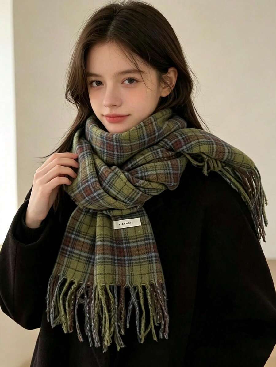 Elegant Green Plaid Scarf With Tassels - Soft & Warm Polyester Shawl For Teens | Hand Washable & Windproof | Perfect For Outdoor Fashion, Non-Deforming, Highly Decorative - Multicolor - View 1