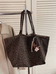 Large Capacity Brown Design Tote Bag With External Coffee Cup Hook, Leopard Print Top, Dual Shoulder Straps And Keyring - Brown - View 3