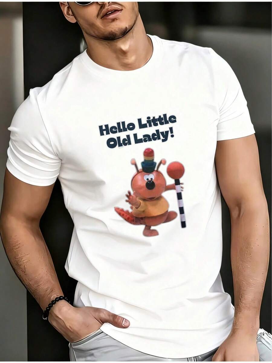 Casual Cotton T-Shirt For All Seasons With The Cartoon Character "Hello Little Old Lady" Printed On It, Round Neck, Soft, And - 白色 - 查看 1