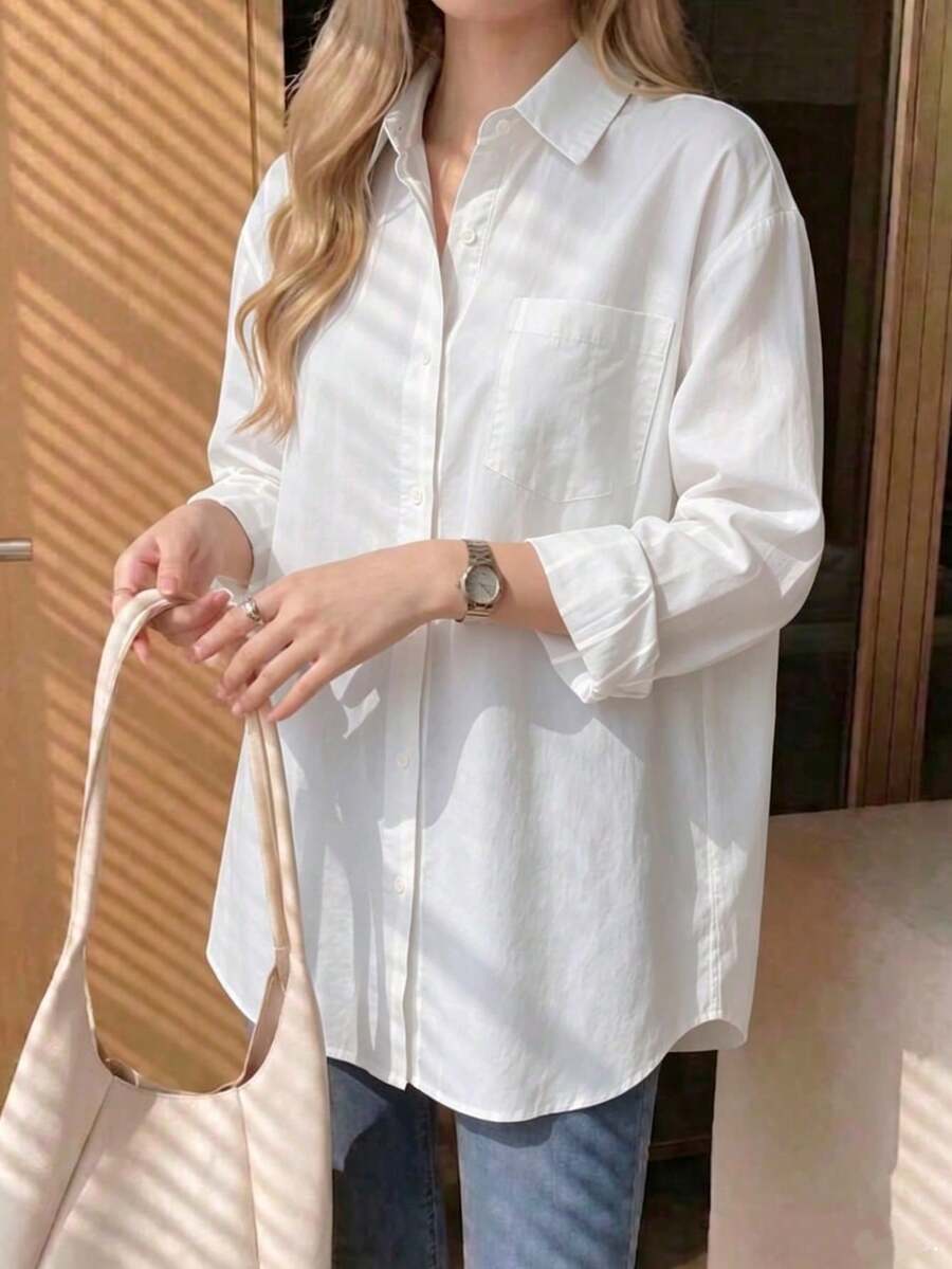 Kemeja Wanita Putih Lengan Panjang Semi-Transparan Bahan Poliester, Desain Kancing Depan, Dengan Saku, Atasan Bahu Longgar Dasar, Cocok Untuk Pantai Atau Pakaian Kasual - Putih - View 1