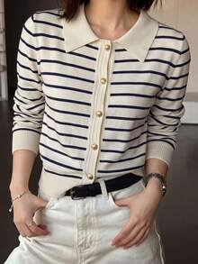 Autumn Striped Polo Collar Knit Cardigan, Exquisite Metal Gold Button Design, Slim Fit Waist, Vintage Elegant Slimming Versatile Long Sleeve Top Fall - Black Apricot Stripes - View 3