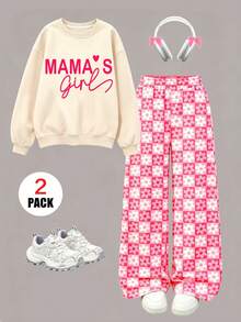 2pcs/Set Girls Outfit, Includes 1pc "MAMA'S Girl" Print Crew Neck Sweatshirt And 1pc Random Floral Plaid All-Over Print Wide Leg Pants, Suitable For Autumn/Winter Wear - Multicolor - View 2