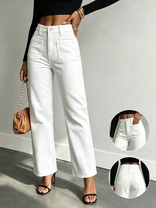 Women White Straight Jeans Loose Wide Leg Jeans Vintage Hot Girl Vacation Streetwear, Summer Fall