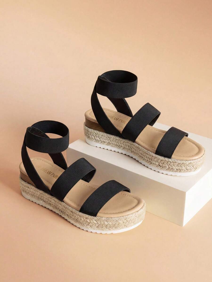 Womens Open Toe Espadrilles Dressy Platform Sandals Slip On Elastic Ankle Strap Wedges Sandals