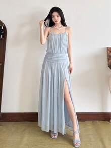 女款優雅無袖細肩帶長版開衩休閒飄逸大碼陽光裙，適合夏季 - 藍色 - 查看 1