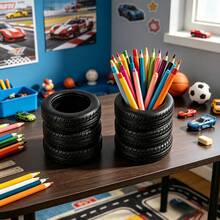 1pc Creative Realistic Tire Shaped Pen Holder, Car Enthusiast Desk Accessory, Personalized Desktop Storage Bucket, Stationery Office Organizer Decor - Multicolor - View 3