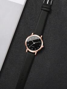 Women's PU Leather Strap Classic Digital Small Dial Elegant Quartz Watch, Gift For Girlfriend (1pc/Set) Watch Box Not Included - Black - View 6