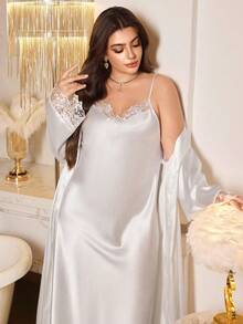 Plus Size White Satin Lace Camisole Nightgown + Robe 2 Pieces Set Bridal Morning Robe Loungewear - White - View 5