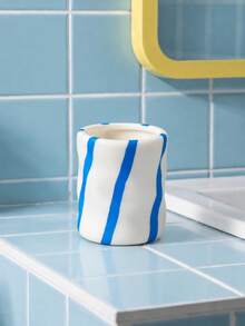 1pc Striped Makeup Brush Holder, Ceramic Texture Cosmetic Storage Box, Makeup Tool Display Rack, Vanity Desktop Organizer, Suitable For Bathroom Countertop, Dorm, Home Decor - Diagonal Ripple - View 10
