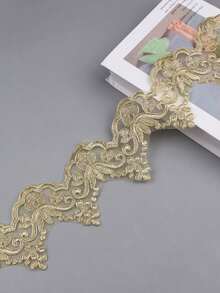 XDH1589 刺繡蕾絲飾邊布料，適用於手工 DIY 婚紗、窗簾、桌巾、婚禮舞台裝飾 - 金色 - 查看 2
