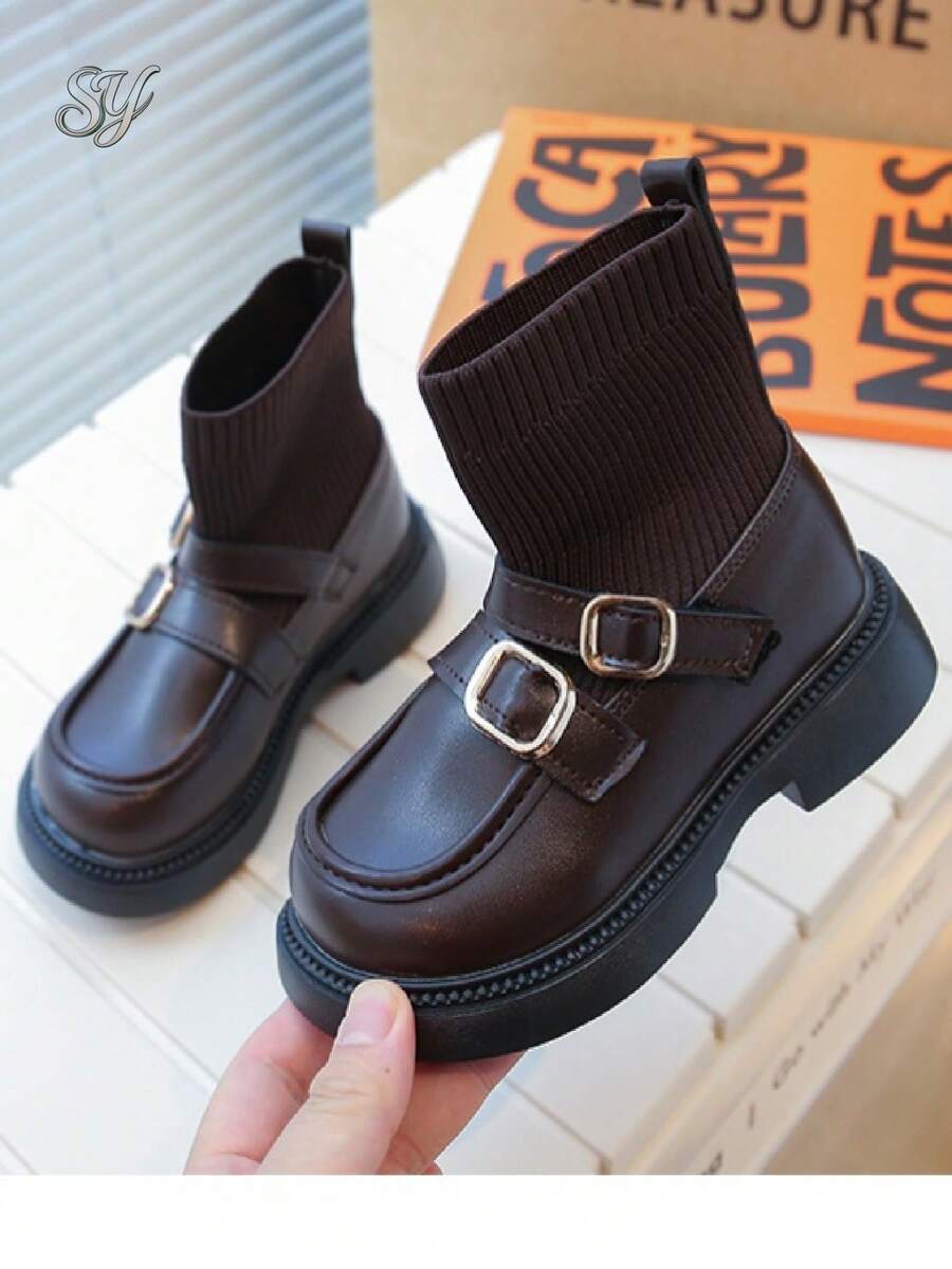 1 Pair Fashionable Cute Bow PU Pearl Hook & Loop Girls' Shoes, Comfortable Versatile Mary Jane Loafers, Suitable For Outdoor Daily Party School, Spring/Autumn - Brown - View 1