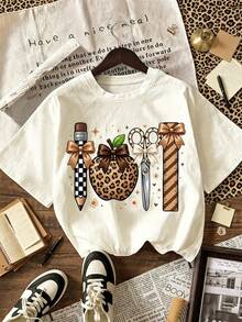 Back To School Teacher T-Shirt Leopard Teacher Apple School Supplies Checkered Polka Dot Pencil Scissors Ruler Bow Graphic Fall For Casual Summer - Multicolor - View 2