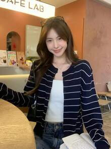 Korean Style Striped Knit Cardigan, Autumn Casual Short Length Long Sleeve Thin Cardigan Sweater, Women's Open Front Jacket - Navy Blue - View 2