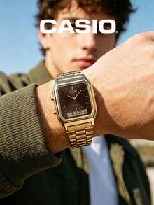 CASIO Vintage Gold Square Outdoor Sports Dual Display Watch Collection, Retro Metal Steel Band Square Watch, Solar Powered Waterproof Multi-Function Outdoor Sports Electronic Watch - one-size - View 14