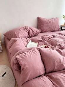 Blue & White Colorblock Washed Polyester Skin-Friendly 3 PiecesDuvet Cover Set - Watermelon Pink - View 6