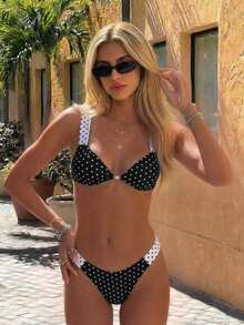 New Spring/Summer Women's Black & White Contrast Pleated Sexy Elegant Beach Vacation Party Date Two-Piece Swimsuit Set - Multicolor - View 1