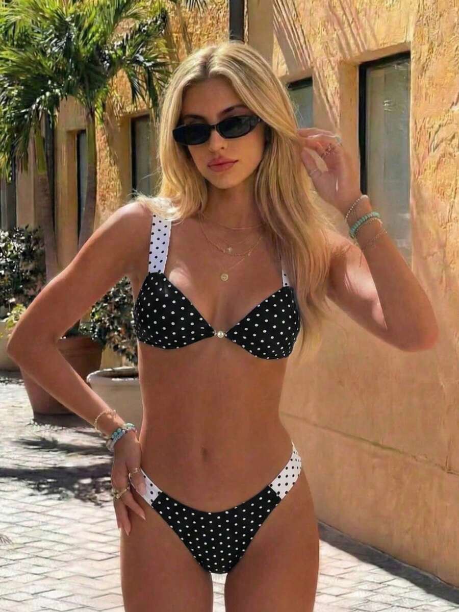 New Spring/Summer Women's Black & White Contrast Pleated Sexy Elegant Beach Vacation Party Date Two-Piece Swimsuit Set - Multicolor - View 1