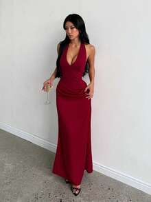 Women's Halter Neck Backless Tie Waist Evening Dress, Summer, Back To School, Evening Party, Wedding, Date Night - Burgundy - View 5