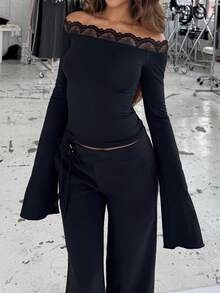 Unadoll Women's Black Cold Shoulder Lace Trim Bell Sleeve Long Sleeve Top, Elegant Fitted Basic T-Shirt, Suitable For Back To School, Daily Wear And Date Night - Black - View 3