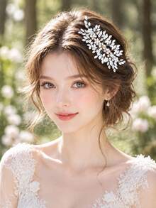 1件復古透明馬眼形水鑽花葉髮梳，優雅森系婚禮新娘髮飾 - 金線蛋白鑽 - 查看 1