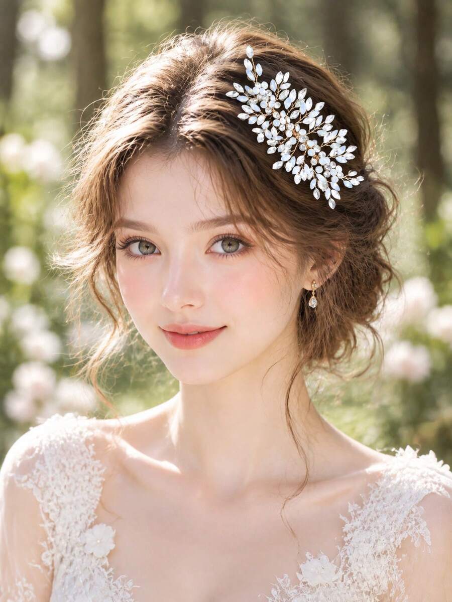 1件復古透明馬眼形水鑽花葉髮梳,優雅森系婚禮新娘髮飾 - 金線蛋白鑽 - 查看 1